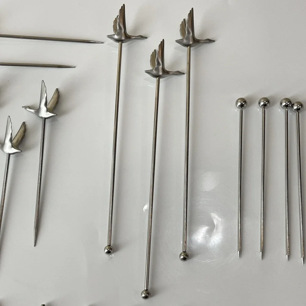 Assorted Stainless Cocktail Picks Skewers Lot Of 21 Fleur de lis Bird Barware